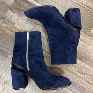 Dear Frances Blue Suede Chunky Heel Gold Zipper Ankle Boot Shoe Size 40